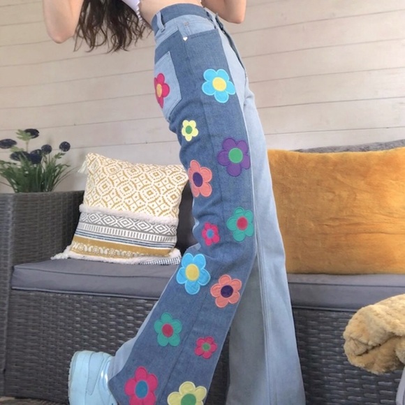 Blue Flower Power Hippie Embroidery Patchwork Flare High Waisted Wide Leg Jeans - Picture 10 of 14